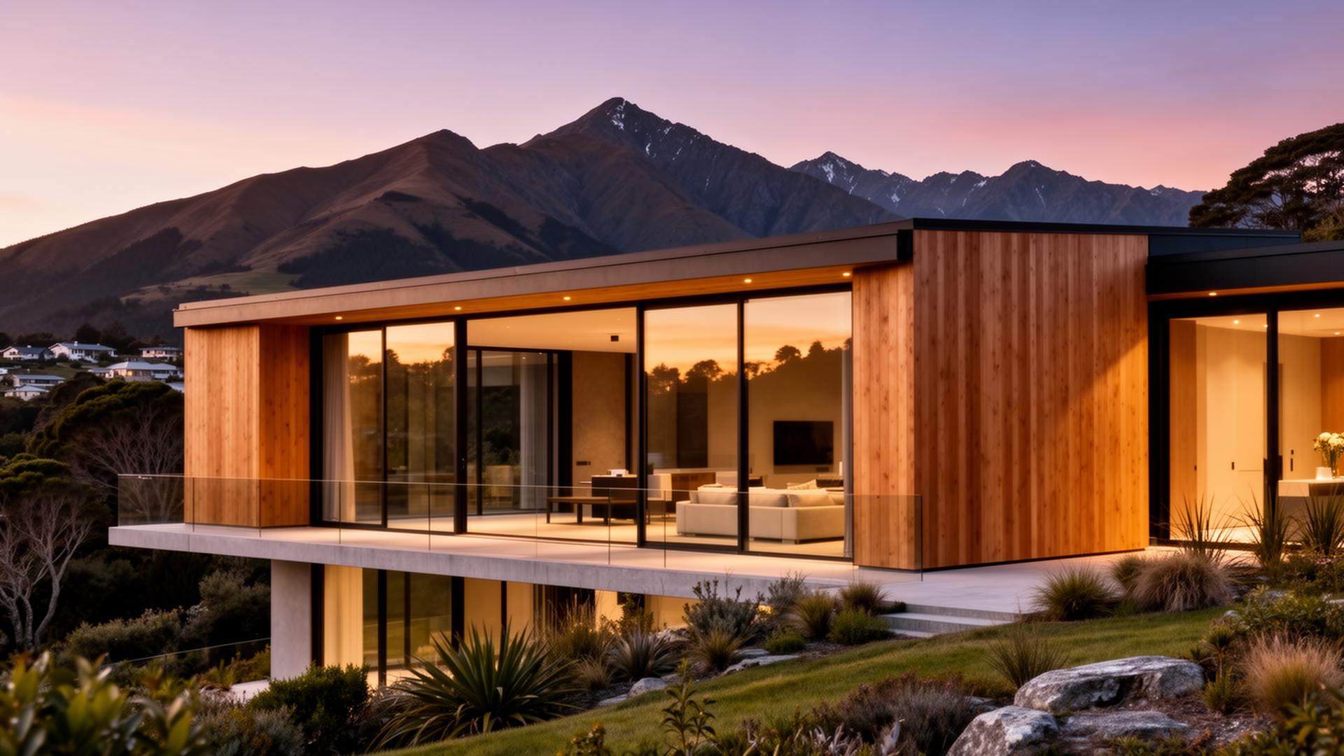 Modern New Zealand home at golden hour